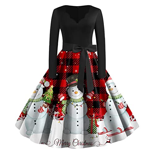 Weihnachtskleid Damen Sexy Weihnachten Kleid Elegant Langarm Cocktaikleider Vintage Christmas Retro Abendkleid Partykleid Cocktailkleid Festival A-Linie Party Kleider von Aukbays