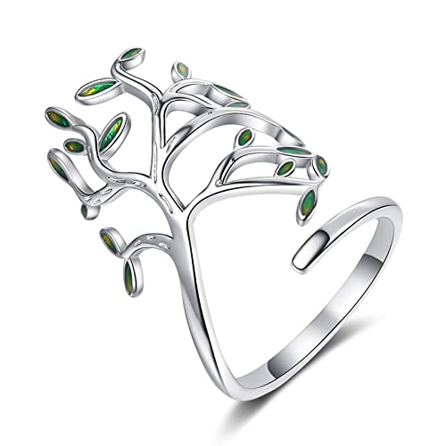 Aukmla Baumring Silber Blatt Ringe Einstellbare Offene Band Ring Form Grüner Zweig Fingerringe für Frauen und Mädchen, Free Size, Sterlingsilber, Kristall von Aukmla