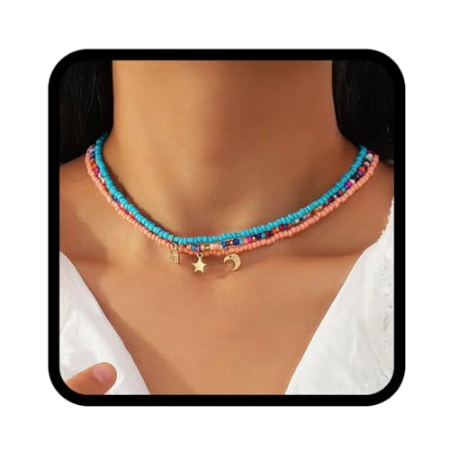 Aukmla Perlen Choker Halskette Boho Ketten Set Damen Stern Mond Anhänger Halsketten Bunte Perle Choker Halskette Ketten für Frauen Mädchen 3 Stück von Aukmla