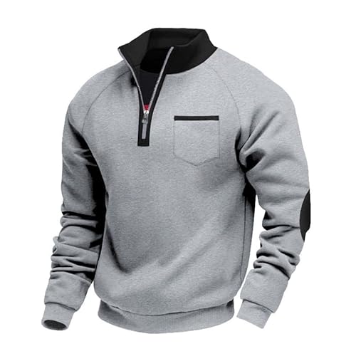 Aulemen Herren Sweatshirt Ohne Kapuze mit Stehkragen Half Zip Pullover Zweifarbiges Design Sweatjacke Atmungsaktiv für Herbst-Winter Basic LightGray-XXL von Aulemen