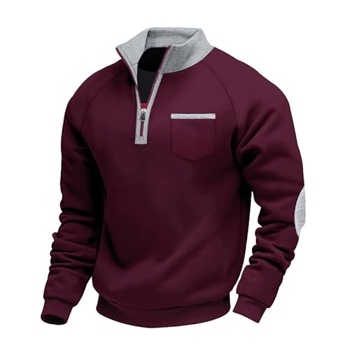 Aulemen Herren Sweatshirt Ohne Kapuze mit Stehkragen Half Zip Pullover Zweifarbiges Design Sweatjacke Atmungsaktiv für Herbst-Winter Basic Red-XL von Aulemen