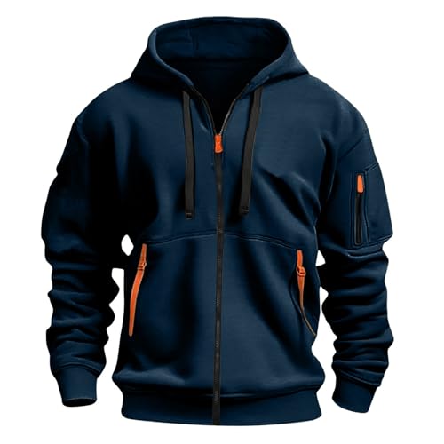 Aulemen Hoodie Herren mit Reißverschluss Langarm Sweatjacke Männer Mehrere Taschen Slim Fit Zip Kapuzenpullover für Alltag & Sport Blue-L von Aulemen