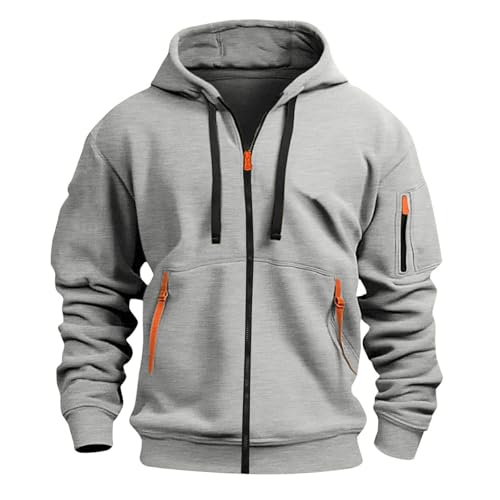 Aulemen Hoodie Herren mit Reißverschluss Langarm Sweatjacke Männer Mehrere Taschen Slim Fit Zip Kapuzenpullover für Alltag & Sport Lightgray-3XL von Aulemen