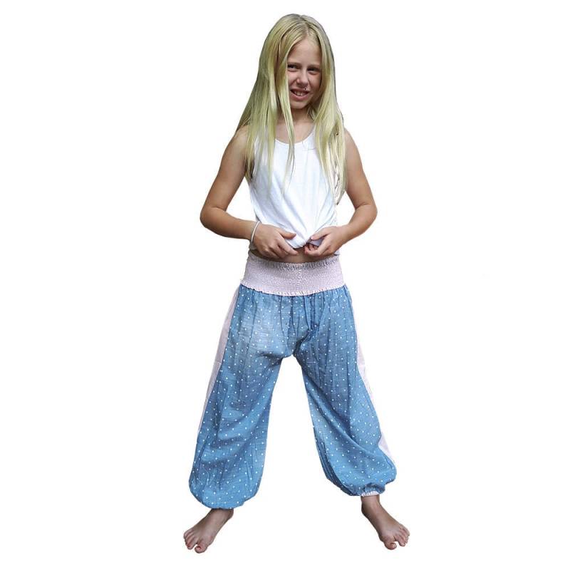 Alibaba Sommerhose, Aladdin, Blauer Chambray, Weiße Und Blassrosa Punkte, Haremshose, Boho, Mädchen, Babys, Ethno, Kinderdesigner, Aummade von AummadeKids