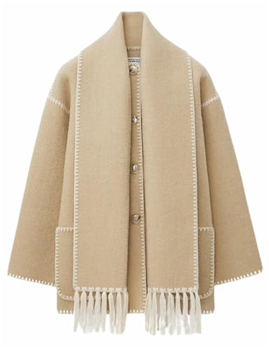 Aumude Damen Oversized Bestickte Schal Jacke Rundhalsausschnitt Wollmantel Langarm Quaste Schal Mäntel mit Baggy Taschen, khaki, 46 von Aumude