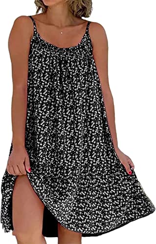 Camibloom - Floral Printed Camisole Kleid, Damen Sommer Loose Fit Ärmelloses Spaghettiträger Blumenmuster Mini Printed Kleid (M, Schwarz) von Aumude