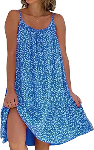 Camibloom - Floral Printed Camisole Kleid, Damen Sommer Loose Fit Ärmelloses Spaghettiträger Blumenmuster Minikleid (XL, Blau) von Aumude