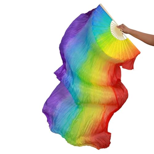 Aumulen Damen 1 Stück handgefertigte echte Seide lange Bauchtanz Fächer Schleier (nur rechte Hand), Vertikaler Regenbogen, Einheitsgröße von Aumulen