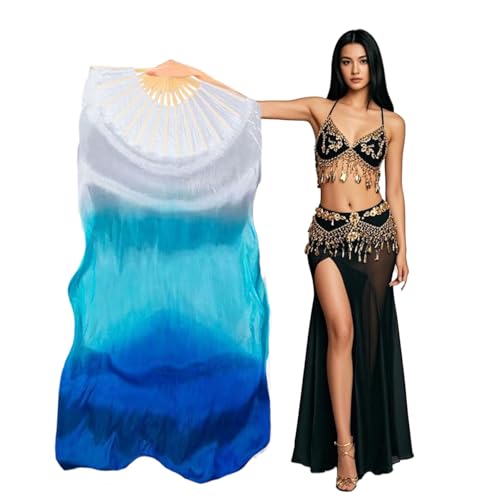 Damen 1 Stück handgefertigte echte Seide lange Bauchtanz Fächer Schleier (nur rechte Hand), Weiß, Türkis, Blau, Einheitsgröße von Aumulen