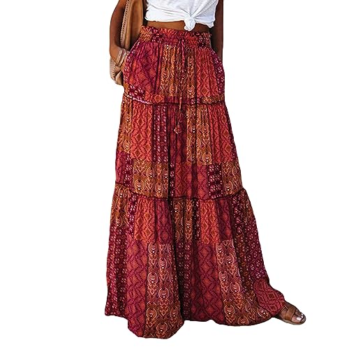 Aunaeyw Damen Bohemian Maix Röcke Vintage Elastische Hohe Taille Boho Langer Rock Ethnisch Wickelrock Stufig Lange Röcke mit Taschen, rot, 40 von Aunaeyw