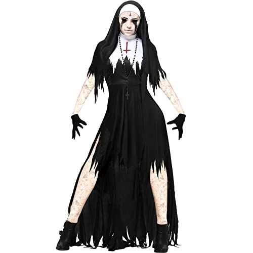 Aunaeyw Damen Halloween Cosplay Krankenschwester Kostüme Blutige Krankenschwester Langarm Kleid und Hut Fancy Halloween Kleidung, Schwarz 02, 36 von Aunaeyw