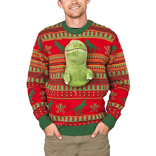 Aunaeyw Damen Herren Weihnachten 3D Pullover Langarm Strickpullover mit niedlichem 3D Dinosaurier/Elch/Hai über der Brust Hässlicher Xmas Pullover, Dinosaurier Rot, Large von Aunaeyw