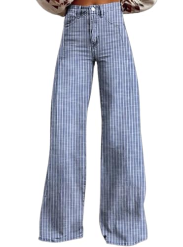 Aunaeyw Damen High Rise Jeans Retro Klassisch Streifen Print Weites Bein Denim Hose Boyfriend Jeans mit Taschen, blau, M von Aunaeyw