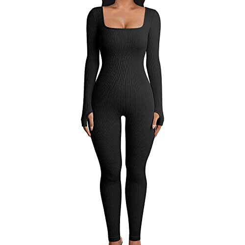 Aunaeyw Damen Jumpsuits Sexy Gerippter Strick Bodycon Quadratischer Ausschnitt Langarm Einteiler Strampler Jumpsuit Yoga Workout Unitard Playsuit, A-schwarz, 36 von Aunaeyw