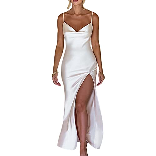 Aunaeyw Damen Satin Langes Kleid Spaghettiträger Wasserfallausschnitt Ärmellos High Split Midikleid Maxi Partykleid Hochzeit Midikleid, weiß, L von Aunaeyw