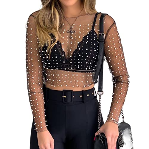 Aunaeyw Damen Sheer Mesh Crop Tops Perlen Strass Langarm Rundhals Durchsichtig Slim Fit T-Shirt Strand Cover Up, Schwarz 1, M von Aunaeyw