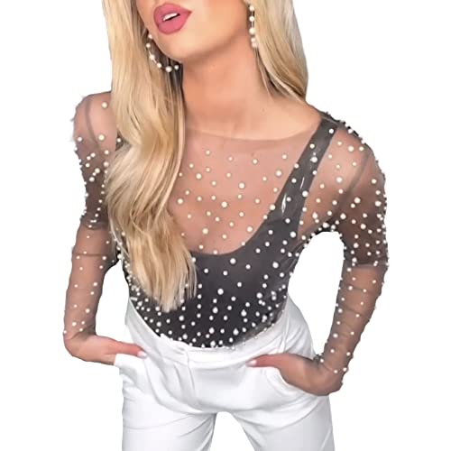 Aunaeyw Damen Sheer Mesh Crop Tops Perlen Strass Langarm Rundhals Durchsichtig Slim Fit T-Shirt Strand Cover Up, helles kaffebraun, M von Aunaeyw
