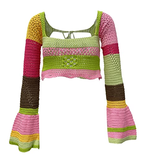 Aunaeyw Damen y2k gestrickt Crop Tops Langarm Quadrat Hals hohl aus Crochet Patchwork Strickwaren Pullover Cropped Tops (Multicolor 1, S) von Aunaeyw