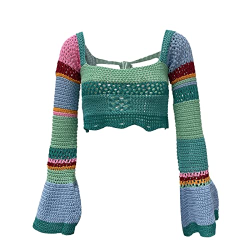 Aunaeyw Damen y2k gestrickt Crop Tops Langarm Quadrat Hals hohl aus Crochet Patchwork Strickwaren Pullover Cropped Tops (Multicolor 2, M) von Aunaeyw