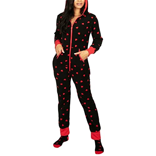 Aunaeyw Jumpsuit für Paare, Einteiler, Fleece, Bär, Herz, Pinguin, Krücke, mit Kapuze, langärmelig, Reißverschluss, lange Strampler, Schwarzes Herz für Damen, M von Aunaeyw