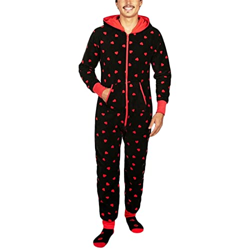 Aunaeyw Jumpsuit für Paare, Einteiler, Fleece, Bär, Herz, Pinguin, Krücke, mit Kapuze, langärmelig, Reißverschluss, lange Strampler, Schwarzes Herz für Herren, L von Aunaeyw