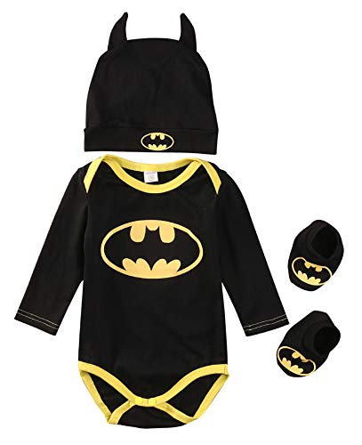 Aunaeyw Newborn Infant Baby Boy Girl 3Pcs Set Clothes Set Batman Rompers+Shoes+Hat Outfits Gift Batman Cloth Suit Babysuit (Long Sleeve, 18-24 Months) von Aunaeyw