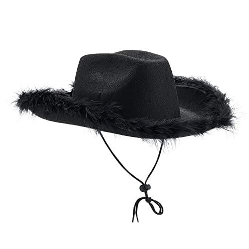 Aunaeyw Women Cowgirl Hat Cowboy Hats Fluffy Feather Brim Cowboy Hat for Bachelor Party,Holiday,Costume Party,Play Dress Up,Halloween Cosplay (Black01, 32cm*42cm*18cm) von Aunaeyw