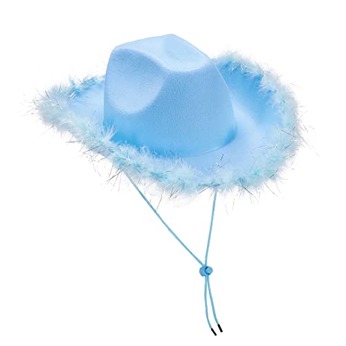 Aunaeyw Women Cowgirl Hat Cowboy Hats Fluffy Feather Brim Cowboy Hat for Bachelor Party,Holiday,Costume Party,Play Dress Up,Halloween Cosplay (Blue01, 32cm*42cm*18cm) von Aunaeyw