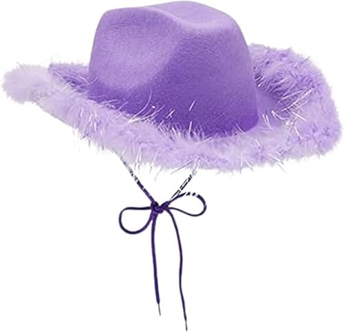 Aunaeyw Women Cowgirl Hat Cowboy Hats Fluffy Feather Brim Cowboy Hat for Bachelor Party,Holiday,Costume Party,Play Dress Up,Halloween Cosplay (Purple01, 32cm*42cm*18cm) von Aunaeyw