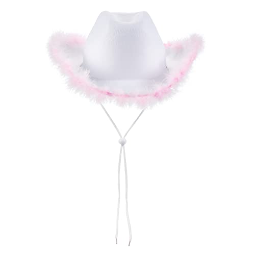 Aunaeyw Women Cowgirl Hat Cowboy Hats Fluffy Feather Brim Cowboy Hat for Bachelor Party,Holiday,Costume Party,Play Dress Up,Halloween Cosplay (White04, 32cm*42cm*18cm) von Aunaeyw