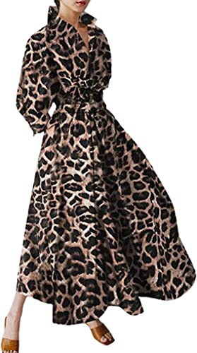 Damen Maxikleid Oversized Hemdkleid Langarm Knopf Gesmoktes Langes Kleid mit Taschen Swing Beachwear Partykleid, Coffee Leopard, XXXXXL von Aunaeyw