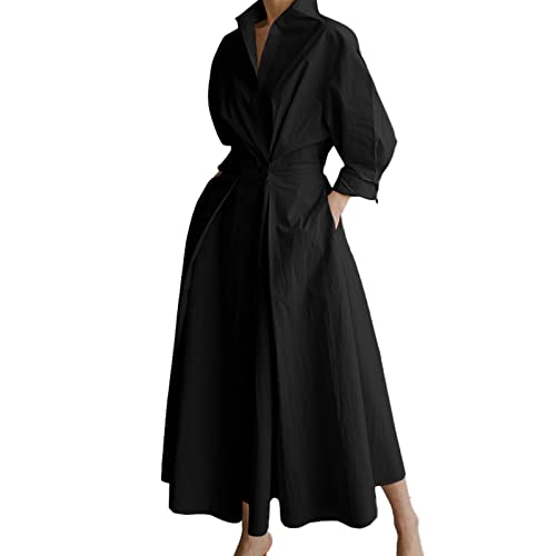 Damen Maxikleid Oversized Hemdkleid Langarm Knopf Gesmoktes Langes Kleid mit Taschen Swing Beachwear Partykleid, Schwarz , Medium von Aunaeyw