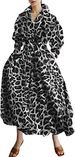 Damen Maxikleid Oversized Hemdkleid Langarm Knopf Gesmoktes Langes Kleid mit Taschen Swing Beachwear Partykleid, Schwarz Leopard, L von Aunaeyw