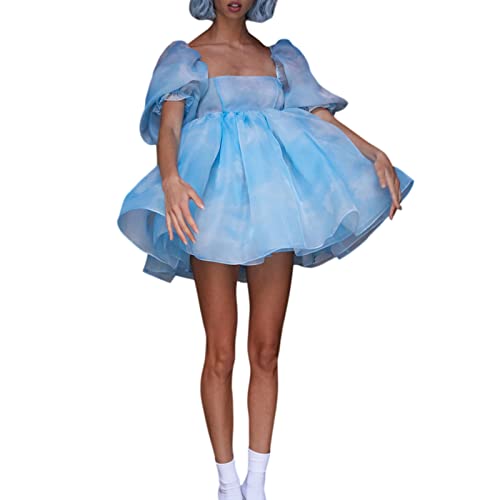 Damen Puffärmel Tüllkleid Schulterfrei Quadratischer Ausschnitt Fee Minikleid Tie Dye Prinzessin Party Abschlussball Abendkleider, Blue01, Small von Aunaeyw