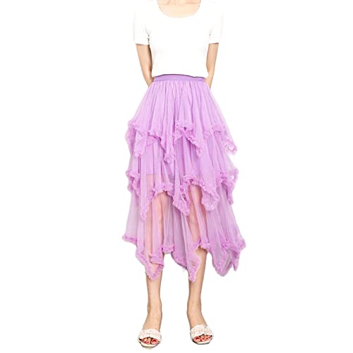 Women Layered Tulle Long Skirt Mesh Tull High Waist Solid Color Frill Trim Ruffle Midi Skirt (Purple, One Size) von Aunaeyw