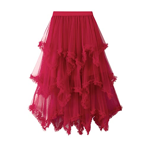 Women Layered Tulle Long Skirt Mesh Tull High Waist Solid Color Frill Trim Ruffle Midi Skirt (Red, One Size) von Aunaeyw