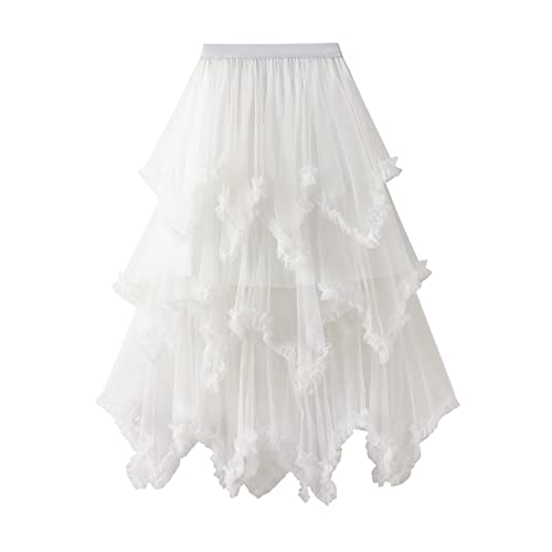 Women Layered Tulle Long Skirt Mesh Tull High Waist Solid Color Frill Trim Ruffle Midi Skirt (White, One Size) von Aunaeyw