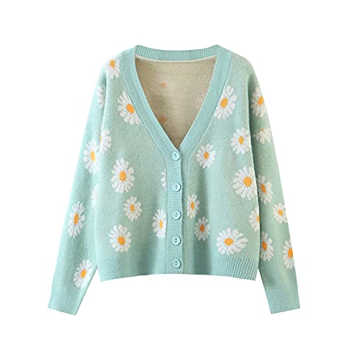 Women Y2K Floral Print Knit Cardigan Sweater Long Sleeve V Neck Button Down Sweater Vintage Aesthetic 90s Outerwear Tops (Blue Green, One Size) von Aunaeyw