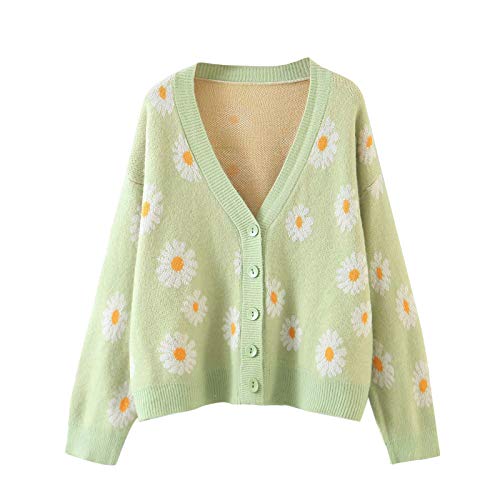 Women Y2K Floral Print Knit Cardigan Sweater Long Sleeve V Neck Button Down Sweater Vintage Aesthetic 90s Outerwear Tops (Light Green, One Size) von Aunaeyw