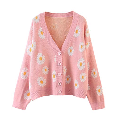 Women Y2K Floral Print Knit Cardigan Sweater Long Sleeve V Neck Button Down Sweater Vintage Aesthetic 90s Outerwear Tops (Pink, One Size) von Aunaeyw