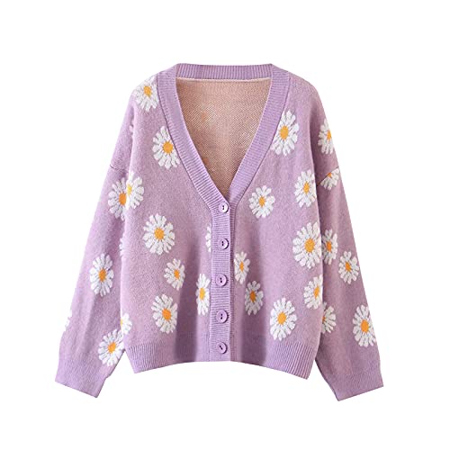 Women Y2K Floral Print Knit Cardigan Sweater Long Sleeve V Neck Button Down Sweater Vintage Aesthetic 90s Outerwear Tops (Purple, One Size) von Aunaeyw