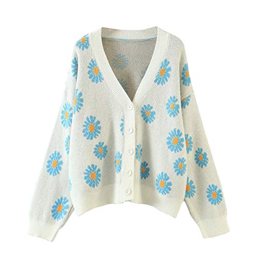 Women Y2K Floral Print Knit Cardigan Sweater Long Sleeve V Neck Button Down Sweater Vintage Aesthetic 90s Outerwear Tops (White, One Size) von Aunaeyw