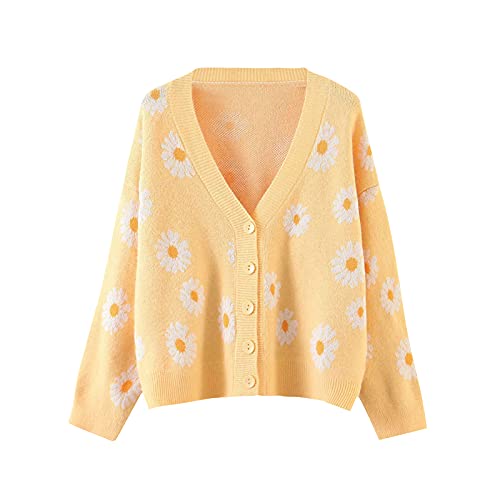 Women Y2K Floral Print Knit Cardigan Sweater Long Sleeve V Neck Button Down Sweater Vintage Aesthetic 90s Outerwear Tops (Yellow, One Size) von Aunaeyw