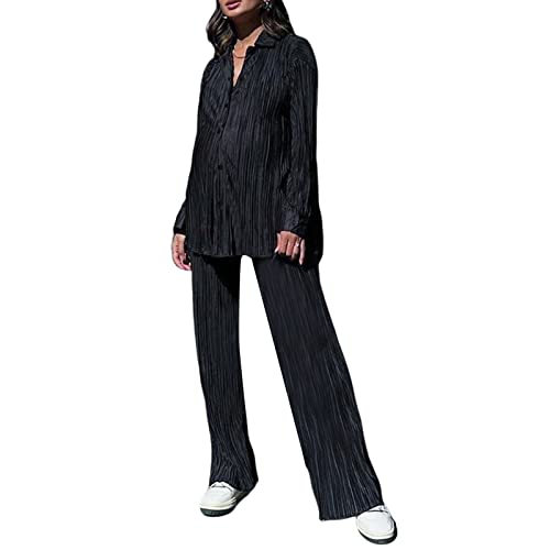 Women 's Casual 2 Piece Outfits Long Sleeve Button Down Pleated Shirt High Waist Long Trousers Set Loungewear Streetwear (Black, M) von Aunaeyw