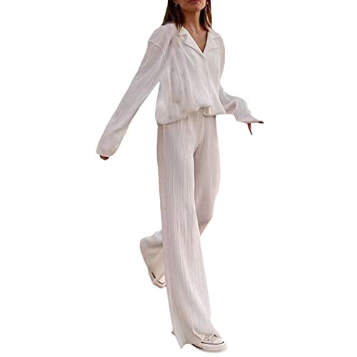 Women 's Casual 2 Piece Outfits Long Sleeve Button Down Pleated Shirt High Waist Long Trousers Set Loungewear Streetwear (White, L) von Aunaeyw