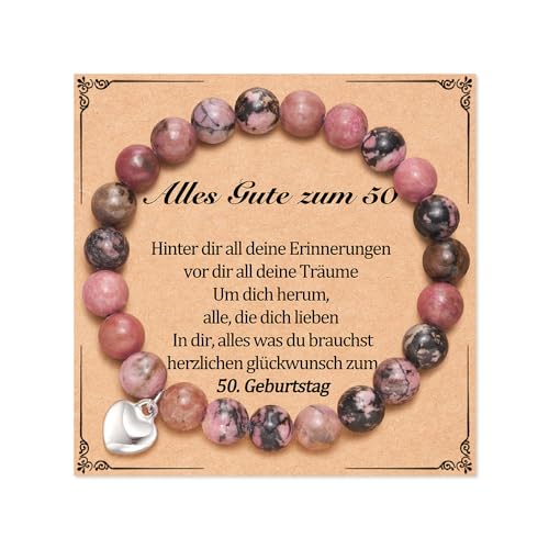 Aunis 50 Geburtstag Frau, Natursteinbohne, rosa Herz-Armband für Freundin, Schwester, Tante und Mutter von Aunis