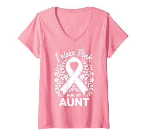 Damen Ich trage Rosa zur Unterstützung des Krebsbewusstseins meiner Tante T-Shirt mit V-Ausschnitt von Aunt Cancer Awareness Support Apparel