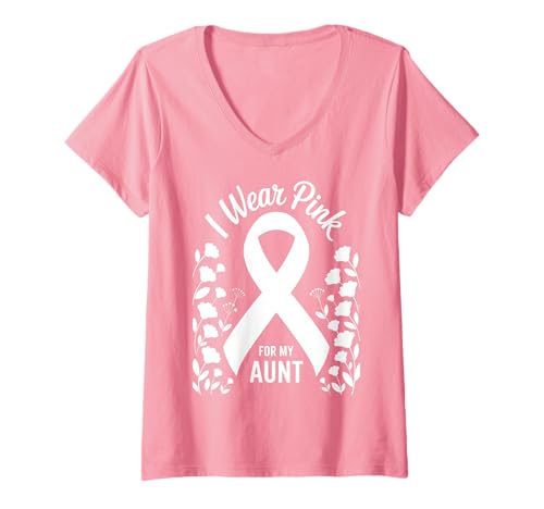 Damen Ich trage Rosa zur Unterstützung des Krebsbewusstseins meiner Tante T-Shirt mit V-Ausschnitt von Aunt Cancer Awareness Support Apparel