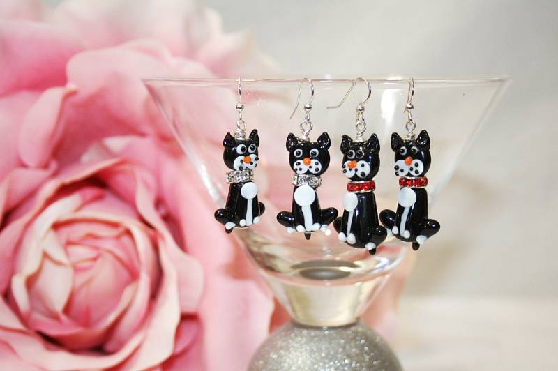 Katze Baumeln Ohrringe Lampwork Mit Strass Kragen Wunderliche Für Katzenliebhaber von AuntBeasBling