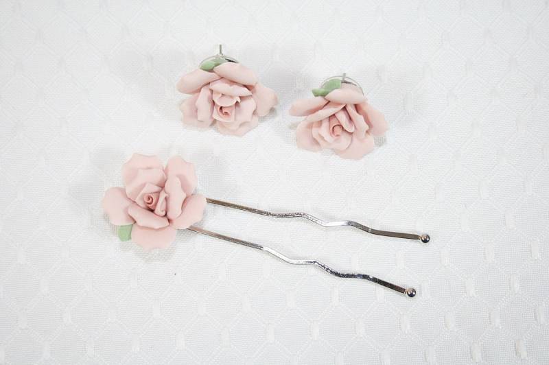 Rosa Rose Haarnadel Ohrringe Set Hochzeit Haarspange Und von AuntBeasBling